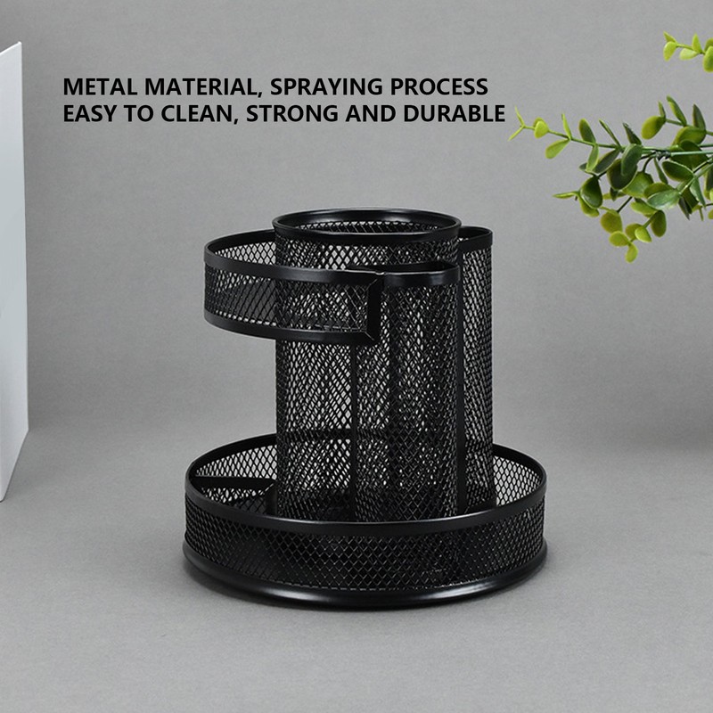 Rotating Pen Holder Black Mesh 7 Compartments Strong Metal Rotating