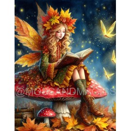 Autumn Fairy Reading book Mushroom Whimsical Fairy Fantasy Watercolor print Art