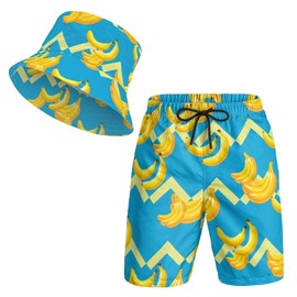 3D Print Bucket Cap and Swim Shorts Set, Summer Outdoor Travel Bucket Sun Hat and Quick Trunks Suit for Man.Medium