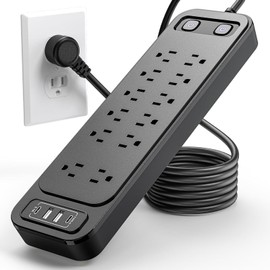KIROGILY Multicontacto Regleta Extension Electrica con Protector Supresor de Picos Voltaje, 1,8 M, Enchufe Plano, 12 Salidas y 4 USB (2 USB-C), Sleek Socket, Perfecto para Hogar y Oficina
