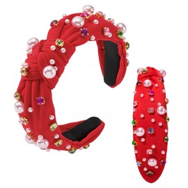 Mixcbe Valentine’s Day Pearl Headband for Women Holiday Red Pink Crystal Jeweled Knotted Headband Red Wide Top Knot Headband Valentine’s Day Hair Accessories Gifts (Valentine -pearl Red)
