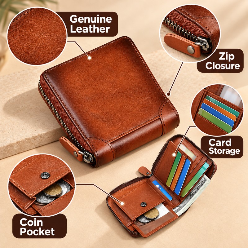 Men's Genuine Leather Zipper Wallet – Compact Short Wallet with