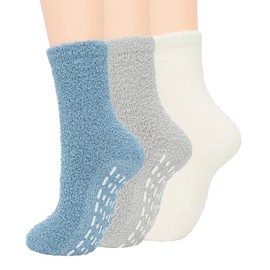 Zando Womens Fuzzy Socks for Women Slipper Socks With Grips for Women Gripper Socks for Women Grippy Socks Woman Hospital Non Skid Socks Fuzzy Socks With Grips for Women 3 Blue/Grey/White One Size