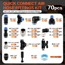 TuoLauthon 70PCS Air Hose Push to Connect Fittings Kit,1/4 1/8 3/8 1/2" OD Pneumatic Air Line Fittings Assortment with NPT Threads, Quick Connect Air Fittings for Air Compressor, Air System and Auto