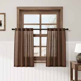 Caramel Brown Linen Cafe Curtains Linen Kitchen Curtains 24 Inch Length 2 Panels Sheer Light Filtering Short Tier Curtain with Back Tab Rod Pocket for Small Windows Cafe Bathroom Over Sink 26Wx24L