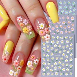 Daisy Flower Nail Art Stickers 3D Spring Floral Nail Decals Blue Pink White Colors Small Size Design Adhesive Sliders Cherry Blossom Manicure Sticker for Women DIY Nail Art Decorations, 6 Sheets