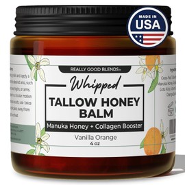 Really Good Blends Bálsamo de sebo batido con miel de manuka – 4 onzas | Mantequilla corporal que estimula el colágeno | Sarga de res para la piel | Hidratante facial y corporal | Hecho en Estados