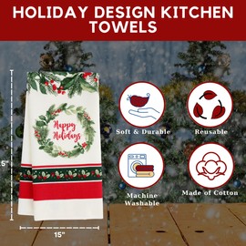 EB (2) Holly Wreath Decorative Kitchen Towels 15x25 Inches Set for Home Dining Table Linen Cooking Baking Hand Cleaning Bathroom Drying Dish Holiday Dishcloth Farmhouse Party Decoration Gift Supplies