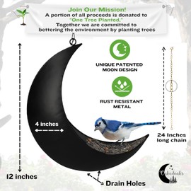 Hanging Moon Bird Feeder – Unique Metal Bird Feeders for Outdoors, Black Rust-Resistant, Drain Holes – Wild Bird Feeder for Bluebirds, Cardinals, Finches, and Backyard Birdwatching (Black)