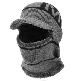 TAGVO Winter Knit Balaclava Visor Beanie Hat with Flexible Neck Warmer, Fleece Lined Thermal Windproof Elastic Warm Ski Face Mask Face Cover for Men & Women, Running Skiing Hiking Outdoor Sports Grey