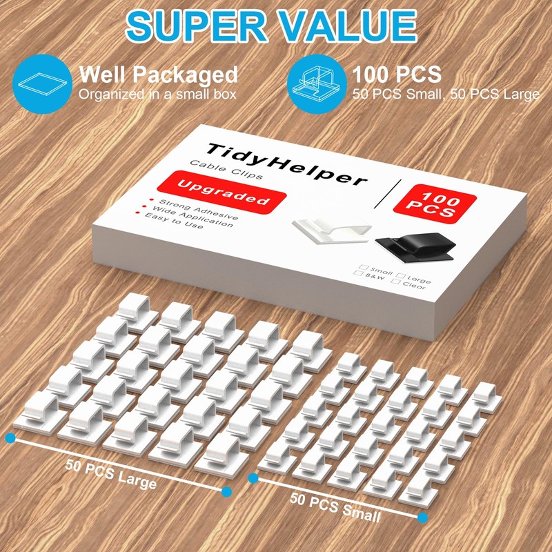 100 PCS Adhesive Cable Clips White (Small & Large), Upgraded