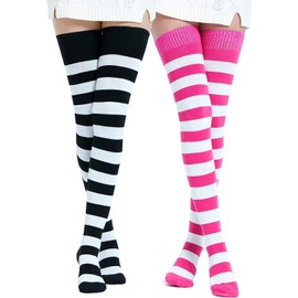 DRESHOW Extra Long Cotton Stripe Thigh High Socks Plus Size Long Stockings Over Knee Socks for Women