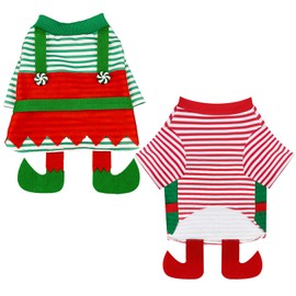 2PCS Christmas Dog Elf Costume: Funny Cosplay Dog Christmas Outfit Holiday Theme Puppy Shirt Pets Party Xmas Dog Clothes (Green,XS)