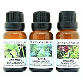 Crazy Candles 3 Bottles Set, 1 Hawaiian Sandalwood, 1 Oakmoss Sandalwood, 1 Teak & Sandalwood 1/2 Fl Oz Each (15ml) Premium Grade Scented Fragrance Oils