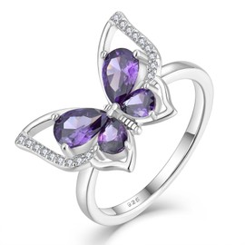 YL Butterfly Rings 925 Sterling Silver Simple Ring Created Amethyst Statement Rings for Women-size6