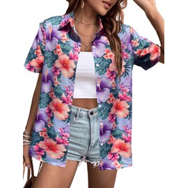 Hawaiian Button Up Shirts Women Floral Palm Trees Graphic Tees Hawaii Vacation Beach Short Sleeve Blouse Tops Pink M