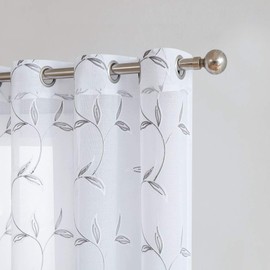 Warm Home Designs Pair of 2 Sheer White Faux-Linen Long Size Curtain Panels with Beautiful Charcoal Color Stitched Leaf Embroidery. Each Grommet Drape is 54" (Width) x 96" (Length). M Charcoal 96"