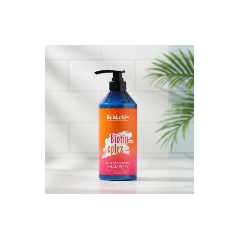 EcoLchi Biotin Oplex Shampoo Capilar Orgánico, Fórmula de Hidratación Profunda,