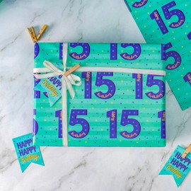 RUSPEPA Birthday Wrapping Paper Sheets with Gift Tags for Teenager Boys' Birthday Gift Wrap, 6 Fold on Sheets Each Set, 27 inches x 19 inches, Age 15