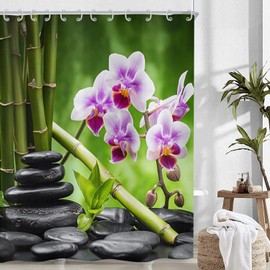 Hnmdmyi Zen Garden Shower Curtain, 180 x 200 cm, Spa Green Bamboo, Black Stone, Purple Flower, Bathtub Curtain, Japanese Meditation, Relaxing, Waterproof, Polyester Fabric, Washable Bath Curtain with