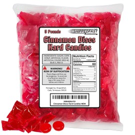 Cinnamon Discs Hard Candies - (5 Pound Bag) of Individually Wrapped Red Cinnamon Candy Disks.