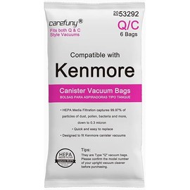 6 Pack Type Q HEPA Canister Vacuum Bags for Kenmore, 53292 Replacement Canister Vacuum Cleaner Bags for Kenmore 81214, 81414, 81614, 81615, 81714, 21814, BC7005, BC3005,BC2005