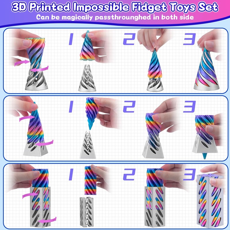 3 Pcs 3D Printed Fidget Toy, Impossible Cone Pyramid Spiral
