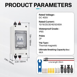 KNMIPJD Solar Panel Disconnect Switch 10A 2P 400V Dc/AC Breaker Disconnect Box Outdoor Breaker Box Suitable for photovoltaic and Wind Energy Home Battery Systems (50 Amps)