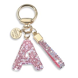 Pink Blue White Initial Letter Keychain Gift for Women Girls Bling Sparkly Cute Backpack Car Key Accessories Lanyard(A-pink diamond)