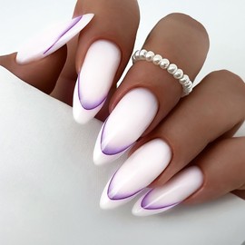 24Pcs Purple French Tip Press on Nails Medium Almond Fake Nails with Gradient Designs Full Cover French Acrylic Nails French Tips Stick on Nails Reusable Purple Gradient Line False Nails for Women