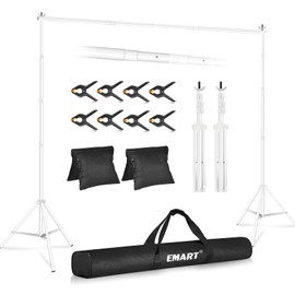 EMART Backdrop Stand 10x10ft(WxH) Photo Studio Adjustable Background Stand Support kit with 2 Crossbars, 8 Clamps, 2 Sandbags and Carry Bag for Parties, Events Decoration, Wedding, Photography -White