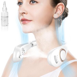 Neck Fans that Blow Cold Air,Misting Neck Fan Rechargeable Battery Powered,Foldable Leafless Hands Free USB Chargable Cooler,Slient Mini Head Unit Water Mister Sprays for Travel Camping Outdoor White