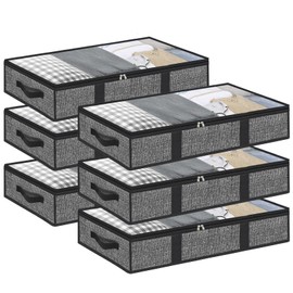 Under Bed Storage Containers - Underbed Clothes Storage Drawers Collapsible Comforters Blankets Bags with Clear Plastic Lids(Black, 6 Pack)