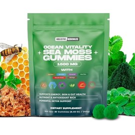 Holistic Hercules Sea Moss Gummies | Non-GMO | 100% Organic | Sea Moss Spirulina Aloe Vera Moringa Manuka Honey Chlorophyll Ashwagandha | No Added Sugar | 30 Count