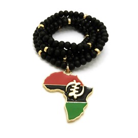 Fashion 21 GYE NYAME in Pan African Colored Africa Map Pendant 6mm 30" Wooden Bead Necklace in Gold Tone (Gold / 30" Metal Piece Joint Wood Bead)