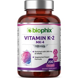 Vitamin K2 MK-4 - 100 mcg 200 Caps with Alfalfa - Supports Strong Bones Immune Health and D-3