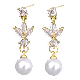 Dainty Pearl Dangle Earrings for Women, Gold Plating CZ Pearl Drop Earrings with Cubic Zirconia Wedding Jewelry for Bridal Anniversaries Prom Party Gift