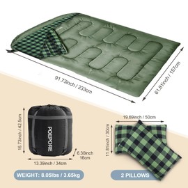 POEPORE Double Sleeping Bag Flannel for Adults with 2 Pillows 2 Person Sleeping Bags Camping XXL Queen Size Two Person Sleeping Bag for Cold Weather