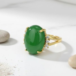 ZILENIU Jade Rings for Women, Adjustable Oval Natural Green Stone Ring, Trendy Gold Plated Gemstone Statement Ring Party Jewelry (Green Jade)