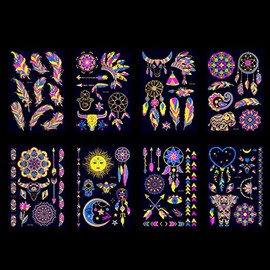Tatuajes Temporales, Pegatinas de Tatuaje de Neón Fluorescente, 8 Hojas de Colores de Fiesta de Neón, Cuerpo,Maquillaje Temporal, Pegatinas de Tatuaje
