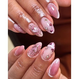 Handmade Glitter Cat Eye Press on Nails Medium Short Almond, Gel Fake Nails Short with UV Coating, Reusable Glue on Nails for Women Daily Wear, Nude Sparkle 10 Pcs (MT-114, M)