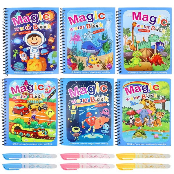 RtottiM 6 Set Water Colouring Books Pen Water Colouring Book Reusable Coloring Book with 6 Water Pens Water Drawing Book Set for Boys and Girls