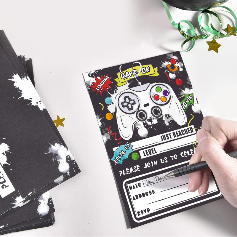 WERNNSAI Watercolor Video Game Party Invites - 20 Set Fill-in