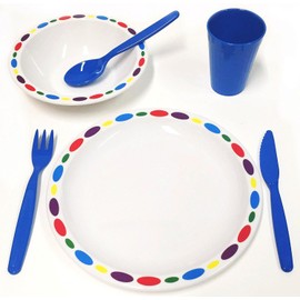Harfield Children's Rainbow Pebbles Dinner Set (Blue) Plate, Bowl, Tumbler & Cutlery Reusable Virtually Unbreakable Polycarbonate Plastic