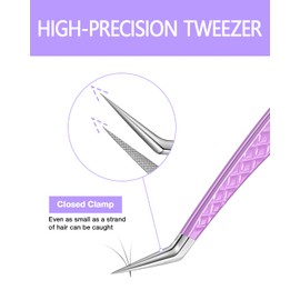 Pinzas de pestañas para extensiones de pestañas, pinzas de extensión de pestañas con punta de fibra MORGLES para pestañas de volumen con bolsa, color morado