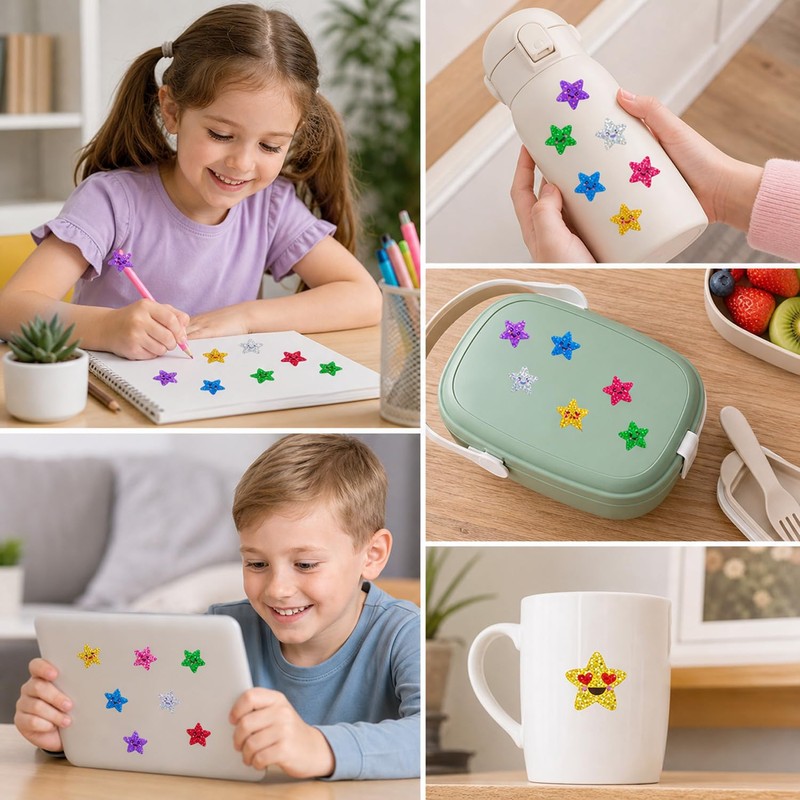 500 Pcs Glitter Star Stickers Roll, Smiley Reward Stickers for