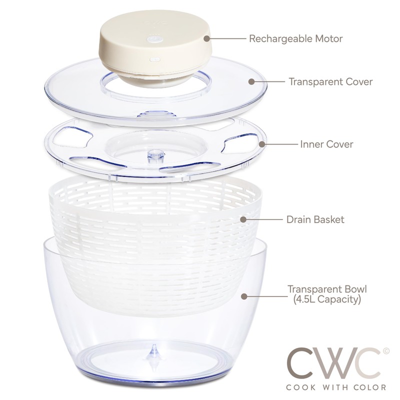 COOK WITH COLOR Electric Salad Spinner, Round 4.5L Capacity –