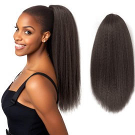 UAmy hair Long Yaki Straight Drawstring Ponytail for Women 20inch Dark Brown with Highlights Slight Kinky Straight Pony Tail Hairpieces Synthetic Ponytail Extension(4H30)
