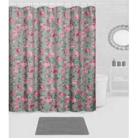 Indecor Home Salt Sea 17 Piece Bathroom Accessory Set Coastal Bath Collection with Shower Curtain, Bath Mat, Soap Dispenser, Tumbler, Toothbrush Holder Hooks Grey