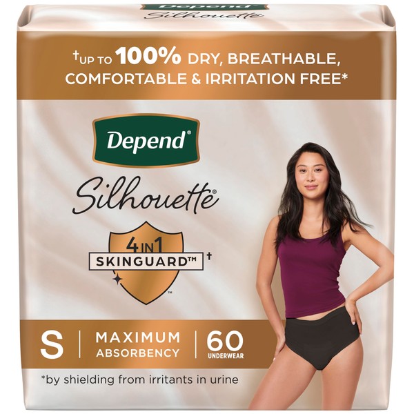 Depend Silhouette Adult Incontinence & Postpartum Underwear for Women, Maximum Absorbency, Small, Black, 60 Count, Packaging May Vary